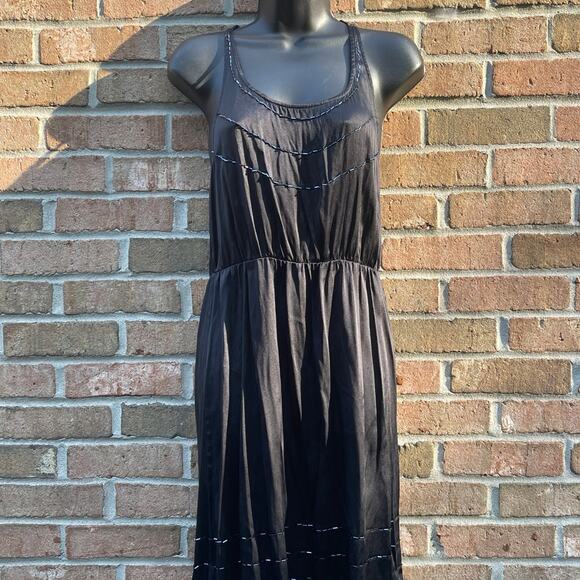 y2k Sleeveless summer Geren Ford Midi Dress sz M topstitching beaded silk - Picture 1 of 10